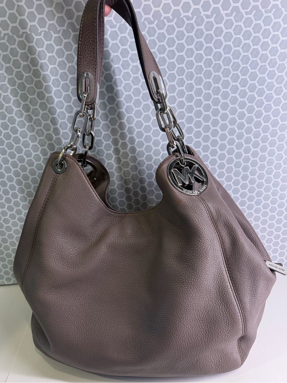 Michael Kors Pebbled Leather Hobo in Taupe Gray with Silver Hardware